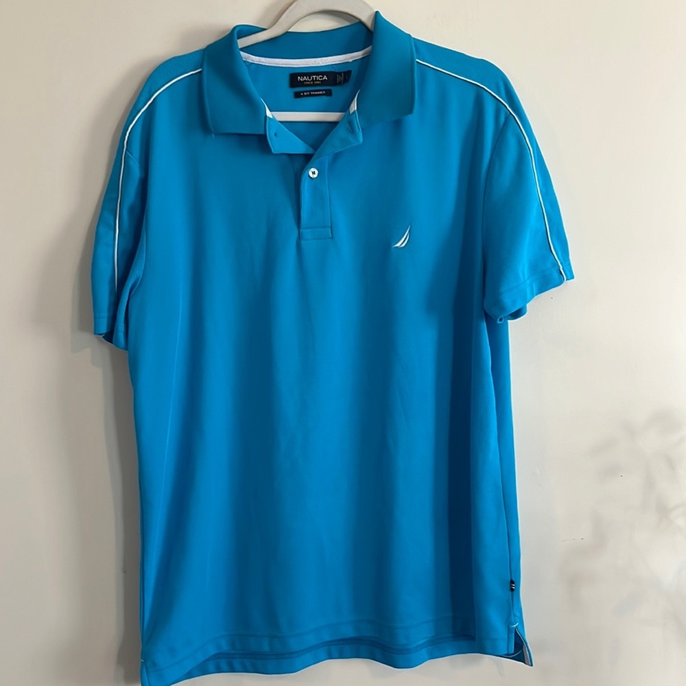 Nautica Polo A Bit Trimmer Aqua Blue Sporty Preppy Casual L Golf Vacation‎